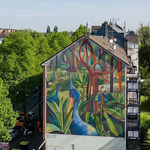 Wandbild „Blaue Vögel“ von Marie Hesse, Alanus Hochschule „Walls of Vision“ – Kunst im öffentlichen Raum