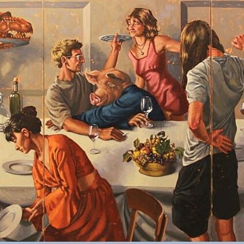 Bild: Julia Engler „Abendmahl“ 2025, Öl auf Leinwand, 120 x 240 cm Ausstellung AMALGAM // Kunstverein Wesseling